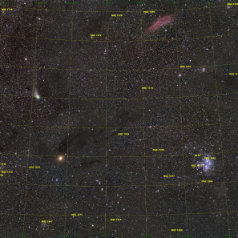 20230209-Komet--und-Mars-bei-Plejaden-Grid Komet C/2022 E3 (ZTF) auf dem Weg vom Sternbild Fuhrmann ( links oben ) Richtung Sternbild Stier (unten) aufgenommen am Abend des 09.02 2023 auf der Sternwarte...