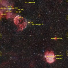 IC443 & NGC2174 Mosaic-Grid IC443 & NGC2174 Mosaik, Redcat71, IMX571C, Gain 0, Offset 100, 50x300s L-extreme 217x300s total 22h each panel, iOpron HAE43, Gahberg 20260118-0306