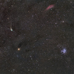 20230209-Komet--und-Mars-bei-Plejaden Canon EOSR EF100f2.0 38x100s 2x Mosaik Komet C/2022 E3 (ZTF) auf dem Weg vom Sternbild Fuhrmann ( links oben ) Richtung Sternbild Stier (unten) aufgenommen am...